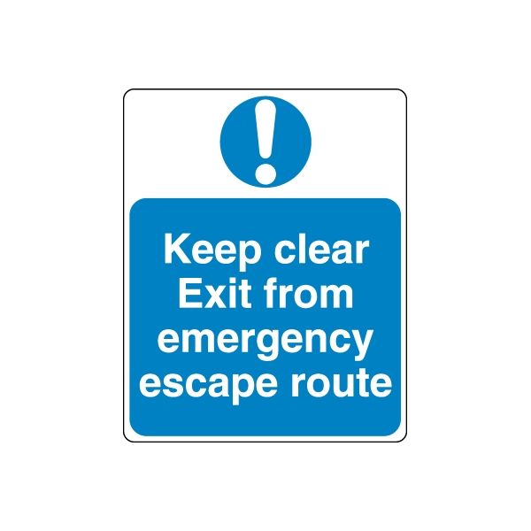 Square safety sign decal, blue with white exclamation and 'Keep clear Exit from emergency'.
