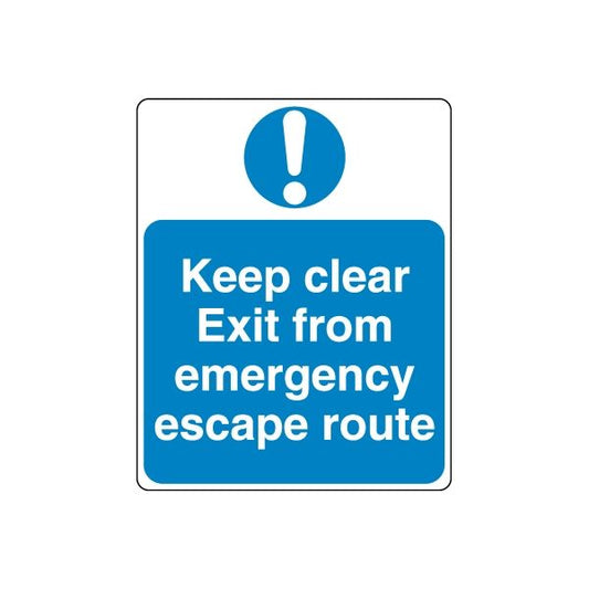 Square safety sign decal, blue with white exclamation and 'Keep clear Exit from emergency'.