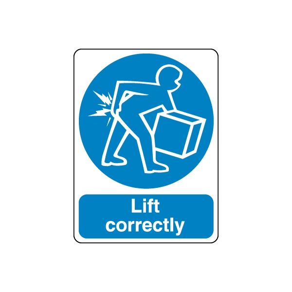 Safety sign wall decal: blue worker lifting correctly with “Lift correctly” text