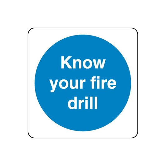 Safety decal sticker, square with blue circle: Know your fire drill.