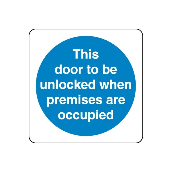 Safety sign wall decal, blue circular sticker with white text on rounded square outline