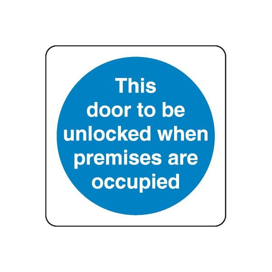 Safety sign wall decal, blue circular sticker with white text on rounded square outline