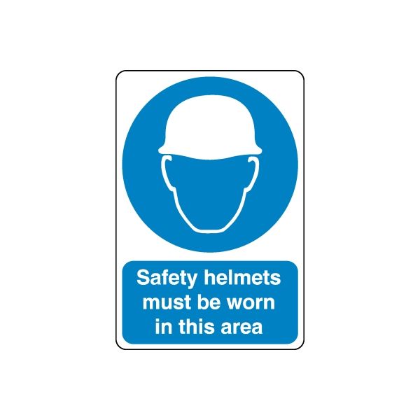 Safety helmet wall decal: blue circle helmet icon, text 'must be worn in this area'.