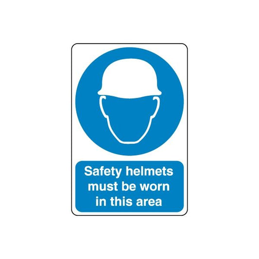 Safety helmet wall decal: blue circle helmet icon, text 'must be worn in this area'.