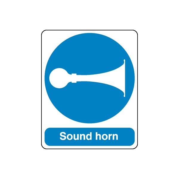 Sound horn safety sign vinyl decal with blue circle and horn icon