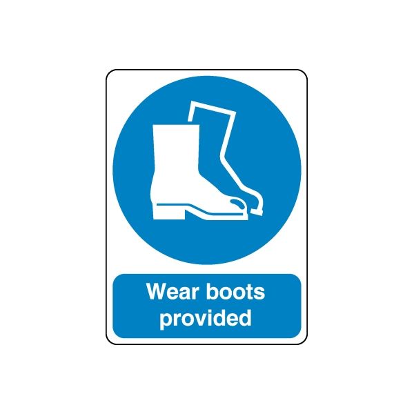 Safety sign decal sticker with blue boot icon and 'Wear boots provided' text