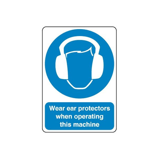 Safety sign wall decal with blue ear-protectors icon and Wear ear protectors text.