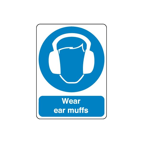Safety sticker with blue ear muff icon and 'Wear ear muffs' text