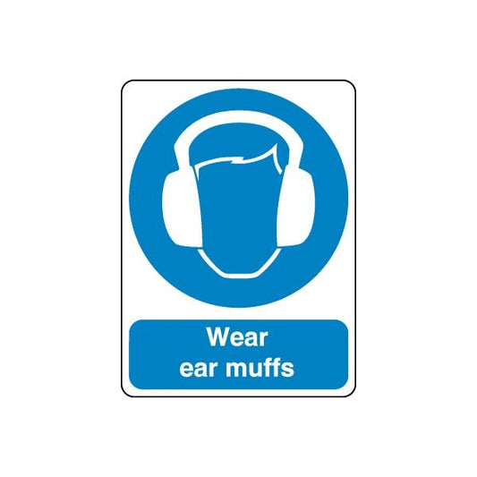 Safety sticker with blue ear muff icon and 'Wear ear muffs' text