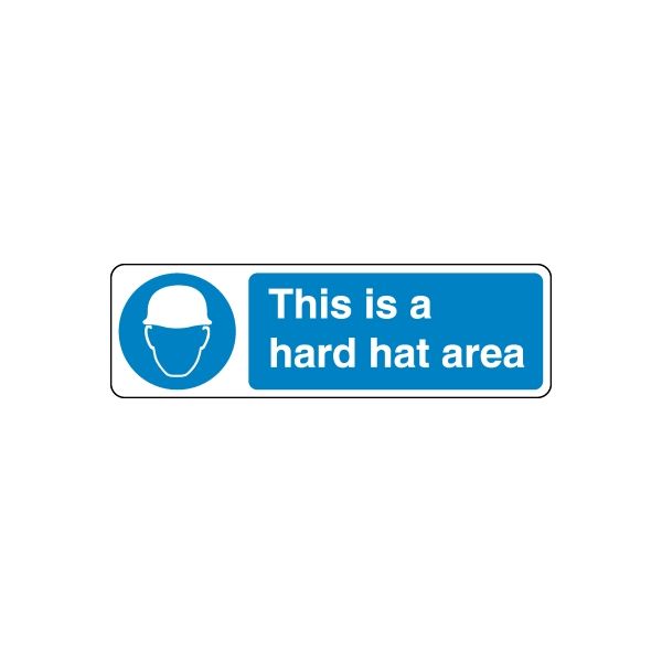 Hard hat area safety sign vinyl sticker, blue with hard hat icon and text