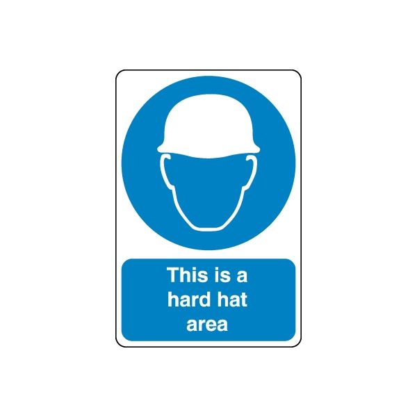 Safety sign sticker with blue hard hat icon and 'This is a hard hat area'