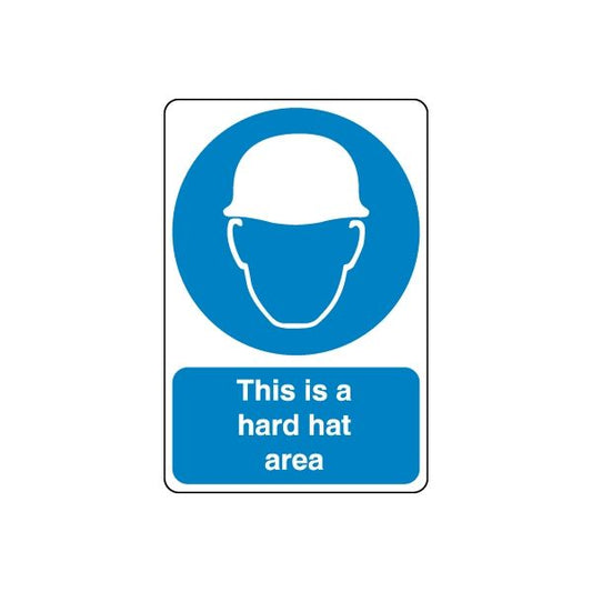 Safety sign sticker with blue hard hat icon and 'This is a hard hat area'