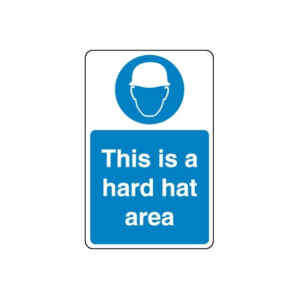 Blue safety sign vinyl decal: hard hat icon and 'This is a hard hat area'.