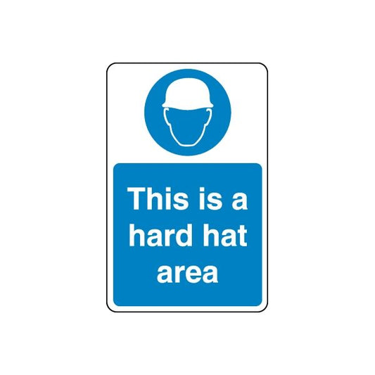 Blue safety sign vinyl decal: hard hat icon and 'This is a hard hat area'.