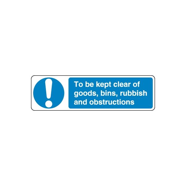 Safety warning sticker: blue exclamation icon with text, keep clear of goods