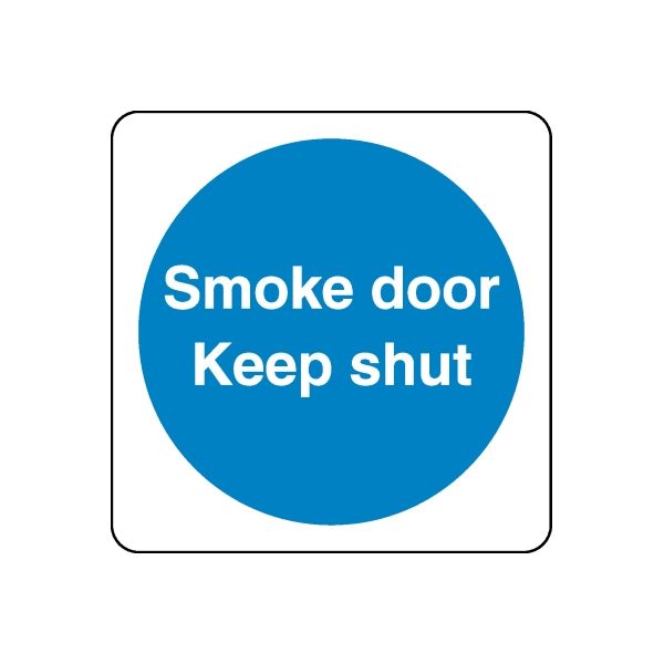 Safety sign wall decal with blue circle reading "Smoke door Keep shut"