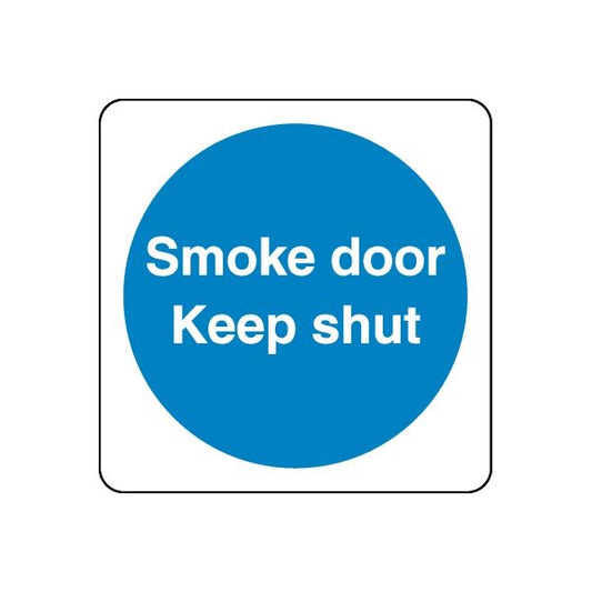 Safety sign wall decal with blue circle reading "Smoke door Keep shut"