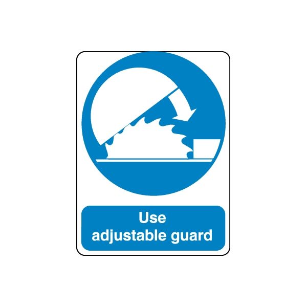 Blue and white safety sign vinyl sticker with arrow over guard and text 'Use adjustable guard'