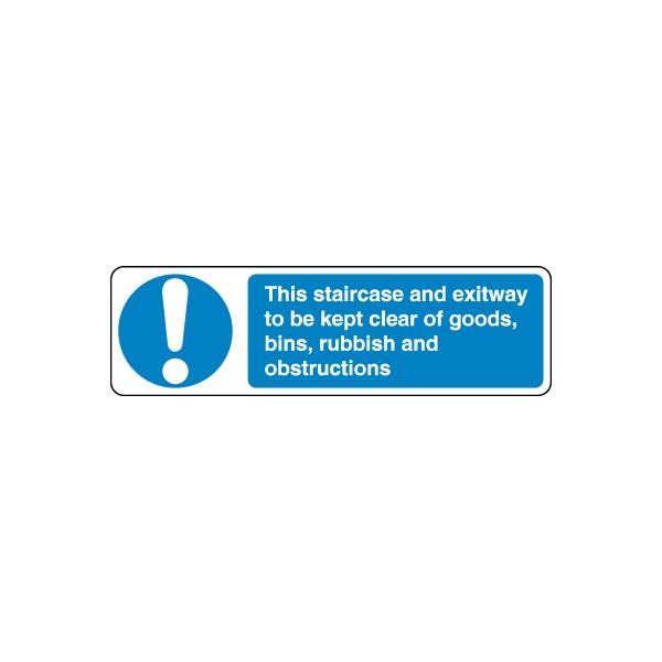 Safety stairway and exitway notice sticker with blue exclamation icon and warning text