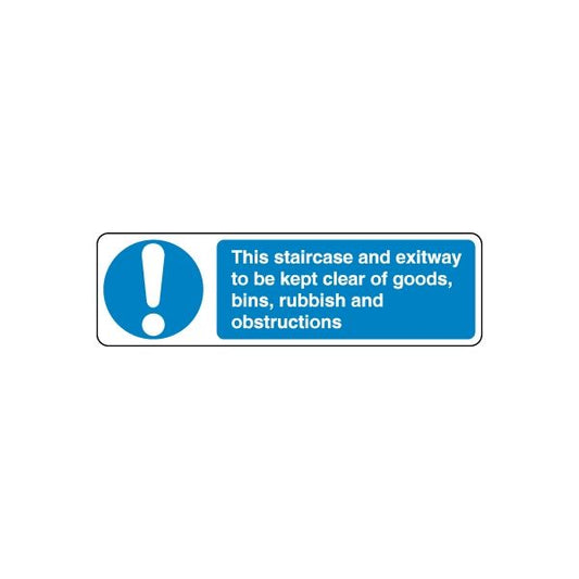 Safety stairway and exitway notice sticker with blue exclamation icon and warning text