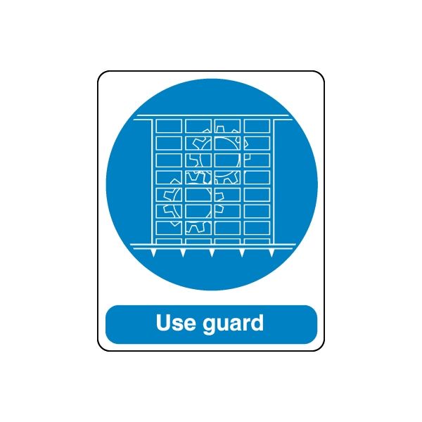 Safety sign sticker with blue circle, white guard icons, and 'Use guard' text