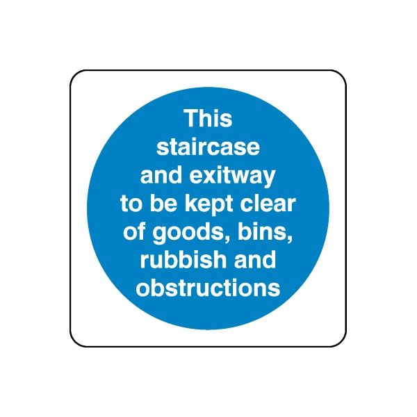 Safety sign wall decal: blue circle with white text 'staircase and exitway'.