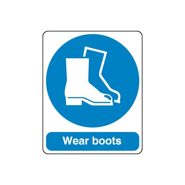 Safety sign decal with blue circle, white boot icon, and Wear boots text