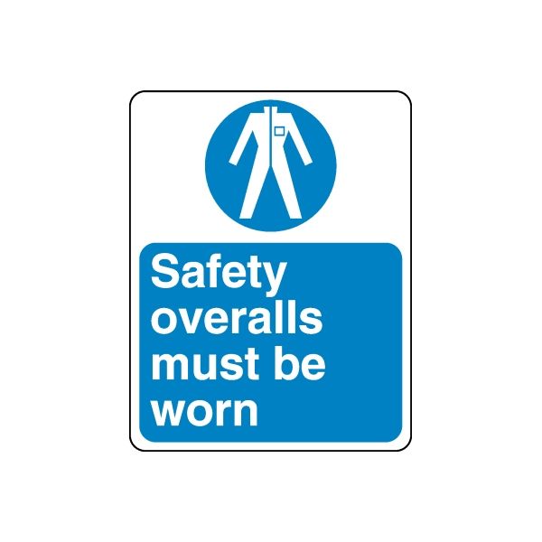 Safety overalls must be worn sign decal with blue circle icon and white text
