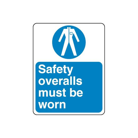 Safety overalls must be worn sign decal with blue circle icon and white text