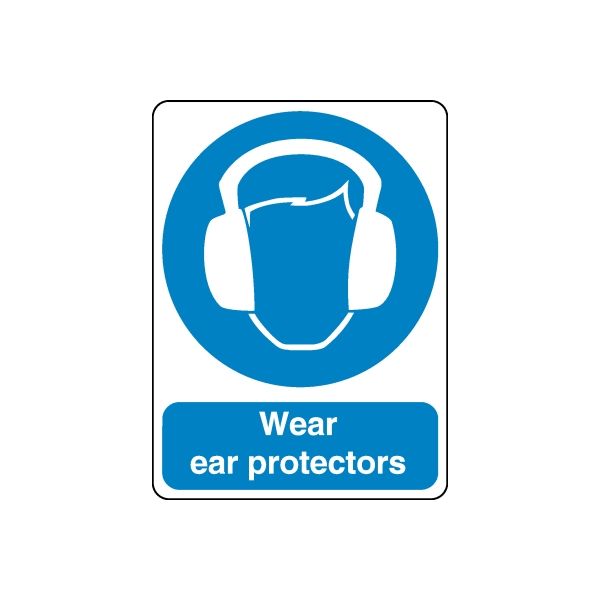 Vinyl safety sign sticker with ear protectors icon and 'Wear ear protectors' text