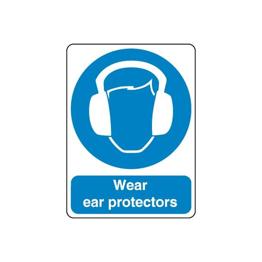 Vinyl safety sign sticker with ear protectors icon and 'Wear ear protectors' text