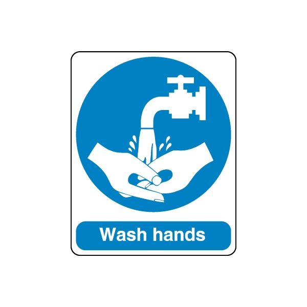 Wash hands safety sign decal with blue circle hand-wash icon and Wash hands