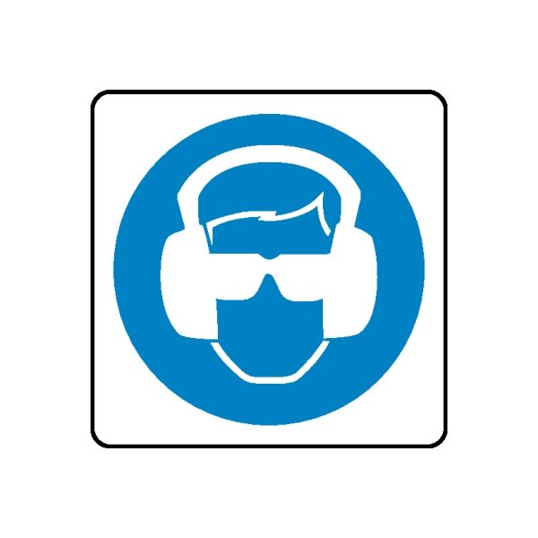 Safety sign wall decal: white square with blue circle and white protective helmet icon