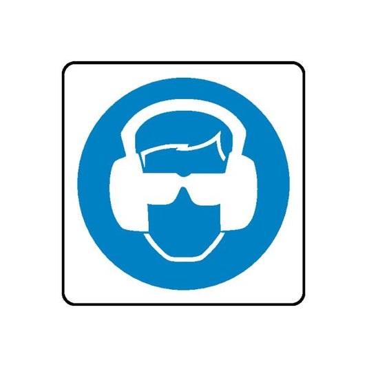 Safety sign wall decal: white square with blue circle and white protective helmet icon