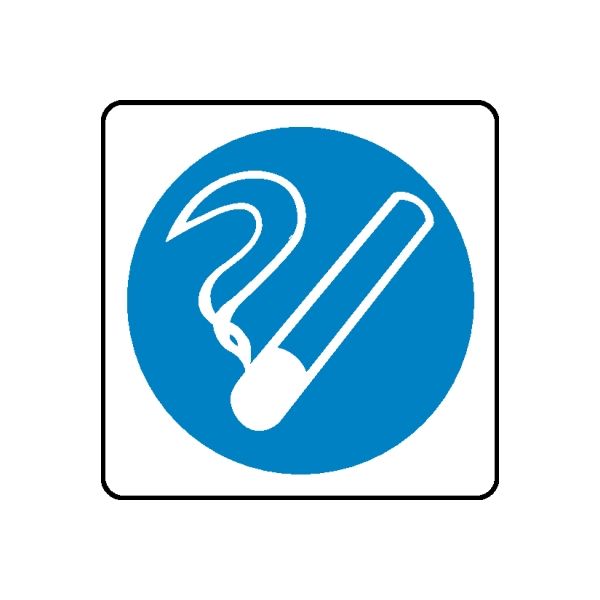 Safety sign vinyl wall decal with blue circle, white striped medical icon and slash