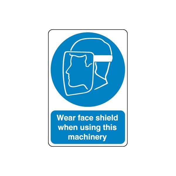 Blue safety sign vinyl decal with face shield icon and text: Wear face shield
