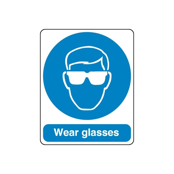 Safety sign sticker: face with glasses in blue circle, text “Wear glasses”