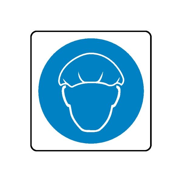 Safety sign wall decal with white hard hat icon on blue circle, die-cut vinyl