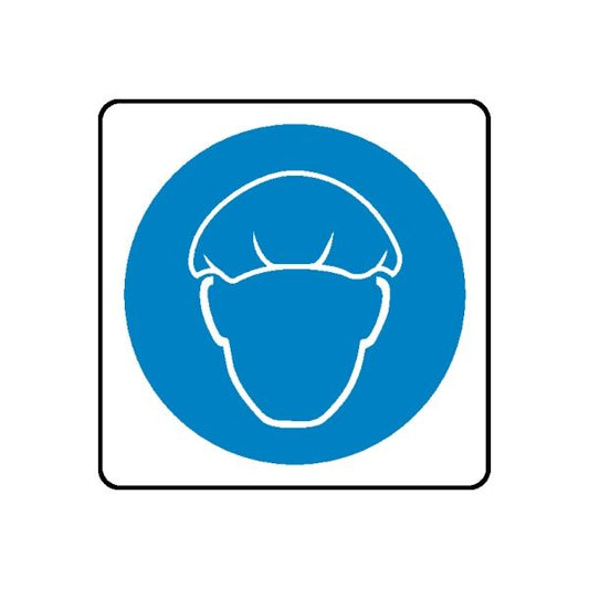 Safety sign wall decal with white hard hat icon on blue circle, die-cut vinyl