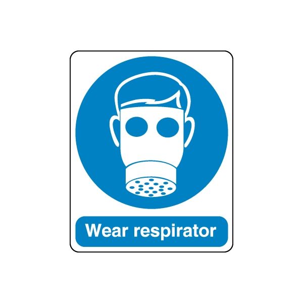 Safety sign decal: blue respirator mask icon with Wear respirator text