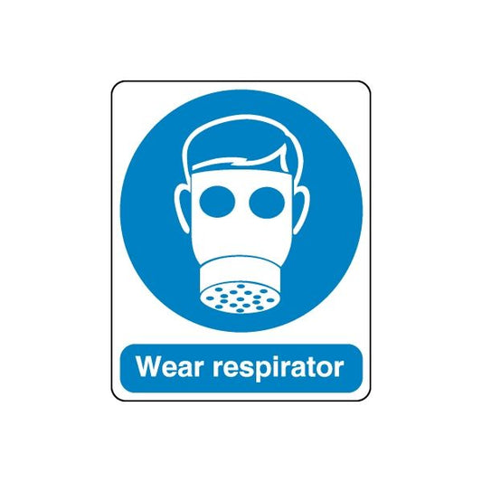 Safety sign decal: blue respirator mask icon with Wear respirator text