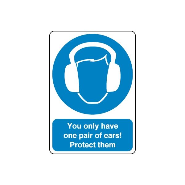 Blue safety sign wall decal with ear protection icon and message: Protect them