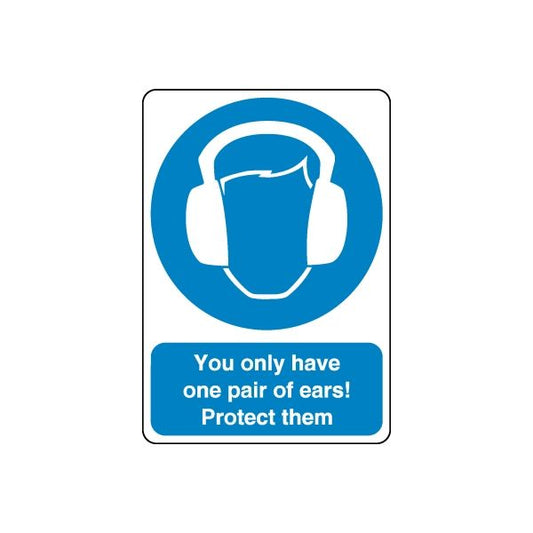 Blue safety sign wall decal with ear protection icon and message: Protect them