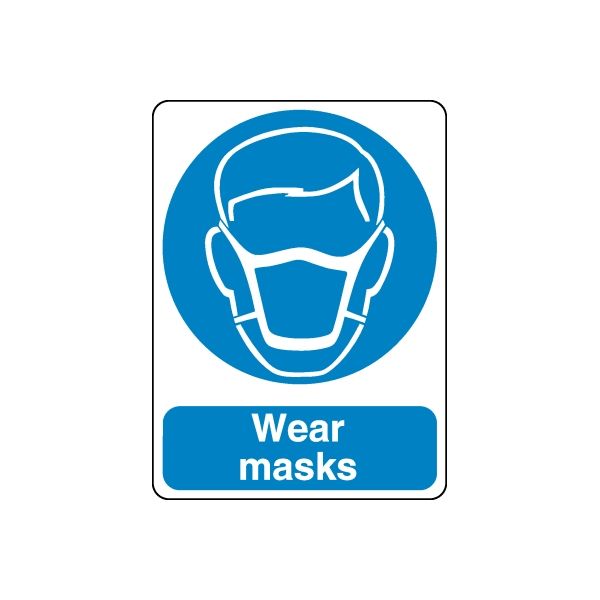 Safety sign decal with blue mask icon and Wear masks text