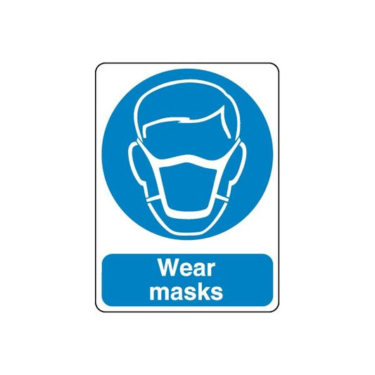 Safety sign decal with blue mask icon and Wear masks text