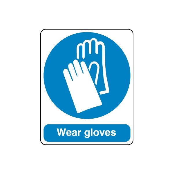 Safety gloves warning decal with blue circle hand icon and Wear gloves text