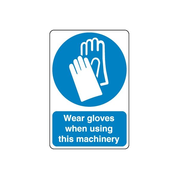 Safety sign decal: blue glove icon with Wear gloves when using this machinery