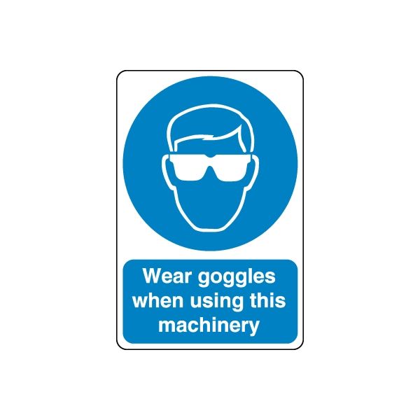 Safety sign wall decal: blue goggles icon with text 'Wear goggles when using this machinery'.