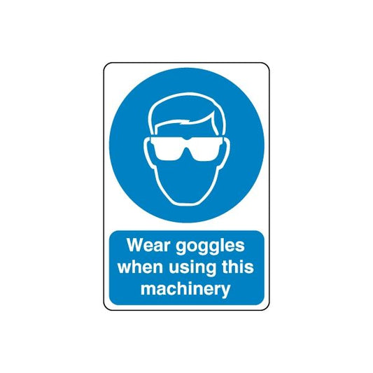 Safety sign wall decal: blue goggles icon with text 'Wear goggles when using this machinery'.