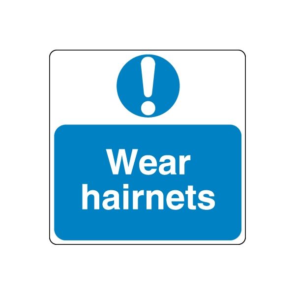 Safety sign decal with exclamation icon and Wear hairnets text